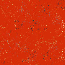 Load image into Gallery viewer, Speckled, brought to you by RSS designer Rashida Coleman Hall features subtle speckled, some metallic, blenders. We liken "speckled" to your happiest accident paint splatter turned perfect fabric background or blender. Sold at globalfibershop.com. Poinsettia features is red background with blue, gold and cream speckles.
