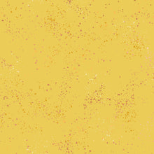 Load image into Gallery viewer, Speckled, brought to you by RSS designer Rashida Coleman Hall features subtle speckled, some metallic, blenders. We liken "speckled" to your happiest accident paint splatter turned perfect fabric background or blender. Sold at globalfibershop.com. Sunlight features a yellow background with gold, cream and pink speckles.