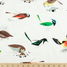 Load image into Gallery viewer, Flat layout of the main print from Charley Harper Western Birds collection at Global Fiber Shop. Birds and branches on a white organic cotton background. Ruler shown for print scale.