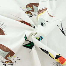 Load image into Gallery viewer, Flat layout of the main print from Charley Harper Western Birds collection at Global Fiber Shop. Birds and branches on a white organic cotton background.
