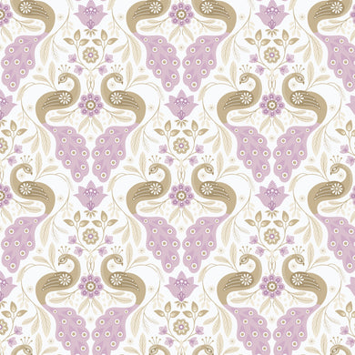 Decorative pattern with peacocks and flowers on a white background. From the Bohemian Spirit Collection by Dots & Glory for Cloud9 Fabrics sold at globalfibershop.com.