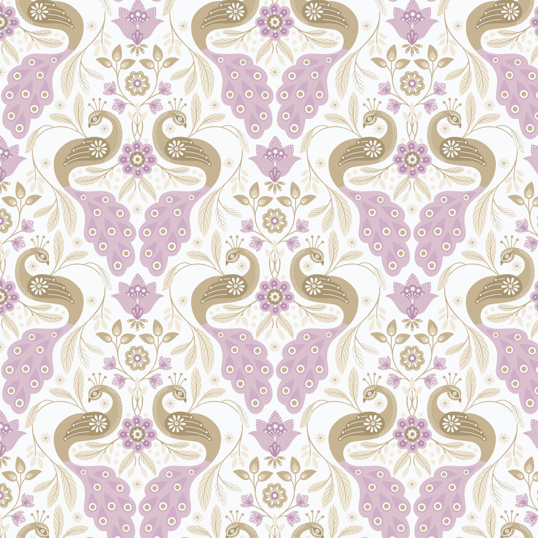 Decorative pattern with peacocks and flowers on a white background. From the Bohemian Spirit Collection by Dots & Glory for Cloud9 Fabrics sold at globalfibershop.com.