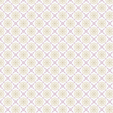 Pattern of beige flowers on a light purple background. From the Bohemian Spirit Collection by Dots & Glory for Cloud9 Fabrics sold at globalfibershop.com.