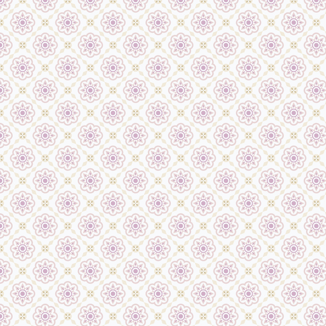 Pattern of small pink flowers on a white background.  From the Bohemian Spirit Collection by Dots & Glory for Cloud9 Fabrics sold at globalfibershop.com.
