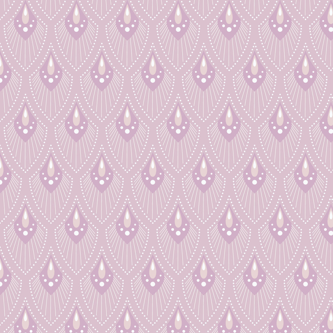 Pattern of teardrop shapes on a light purple background. Patterned background with geometric design in lavender and white. From the Bohemian Spirit Collection by Dots & Glory for Cloud9 Fabrics sold at globalfibershop.com.