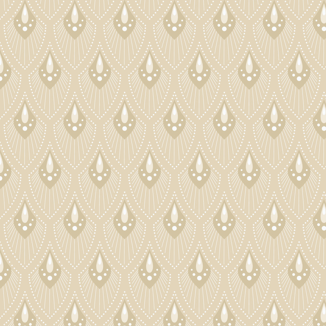 Decorative pattern with teardrop shapes on a beige background.Pattern of teardrop shapes on a light purple background. From the Bohemian Spirit Collection by Dots & Glory for Cloud9 Fabrics sold at globalfibershop.com.