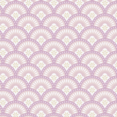 Pattern of overlapping circular shapes with floral elements on a light purple background. Decorative pattern with teardrop shapes on a beige background. From the Bohemian Spirit Collection by Dots & Glory for Cloud9 Fabrics sold at globalfibershop.com.