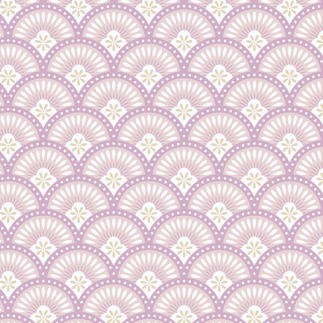 Pattern of overlapping circular shapes with floral elements on a light purple background. Decorative pattern with teardrop shapes on a beige background. From the Bohemian Spirit Collection by Dots & Glory for Cloud9 Fabrics sold at globalfibershop.com.