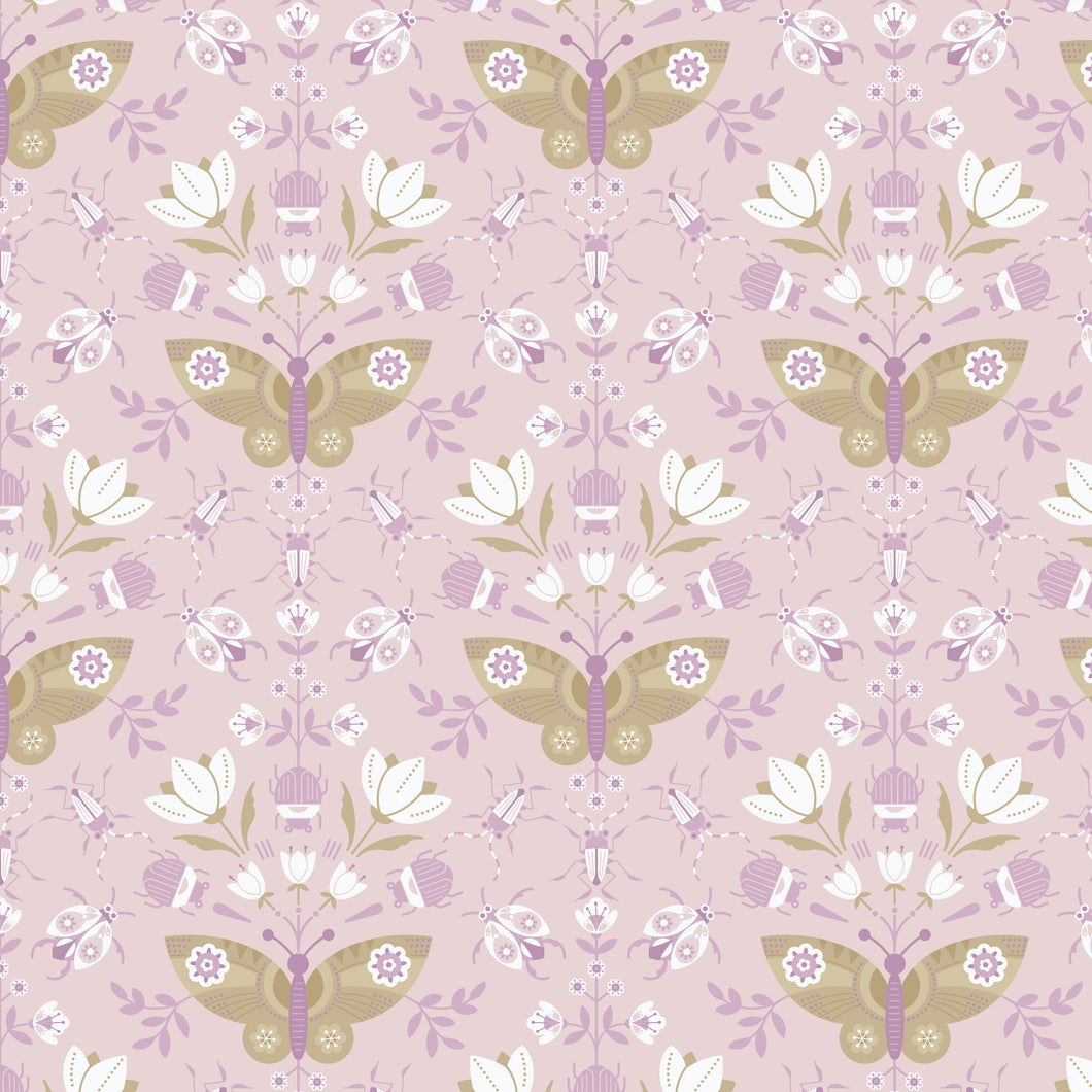 Patterned fabric with butterflies and flowers on a pink background. From the Bohemian Spirit Collection by Dots & Glory for Cloud9 Fabrics sold at globalfibershop.com.