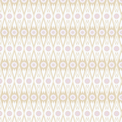 Patterned background with geometric diamond shapes and floral elements on a beige and white background. From the Bohemian Spirit Collection by Dots & Glory for Cloud9 Fabrics sold at globalfibershop.com.
