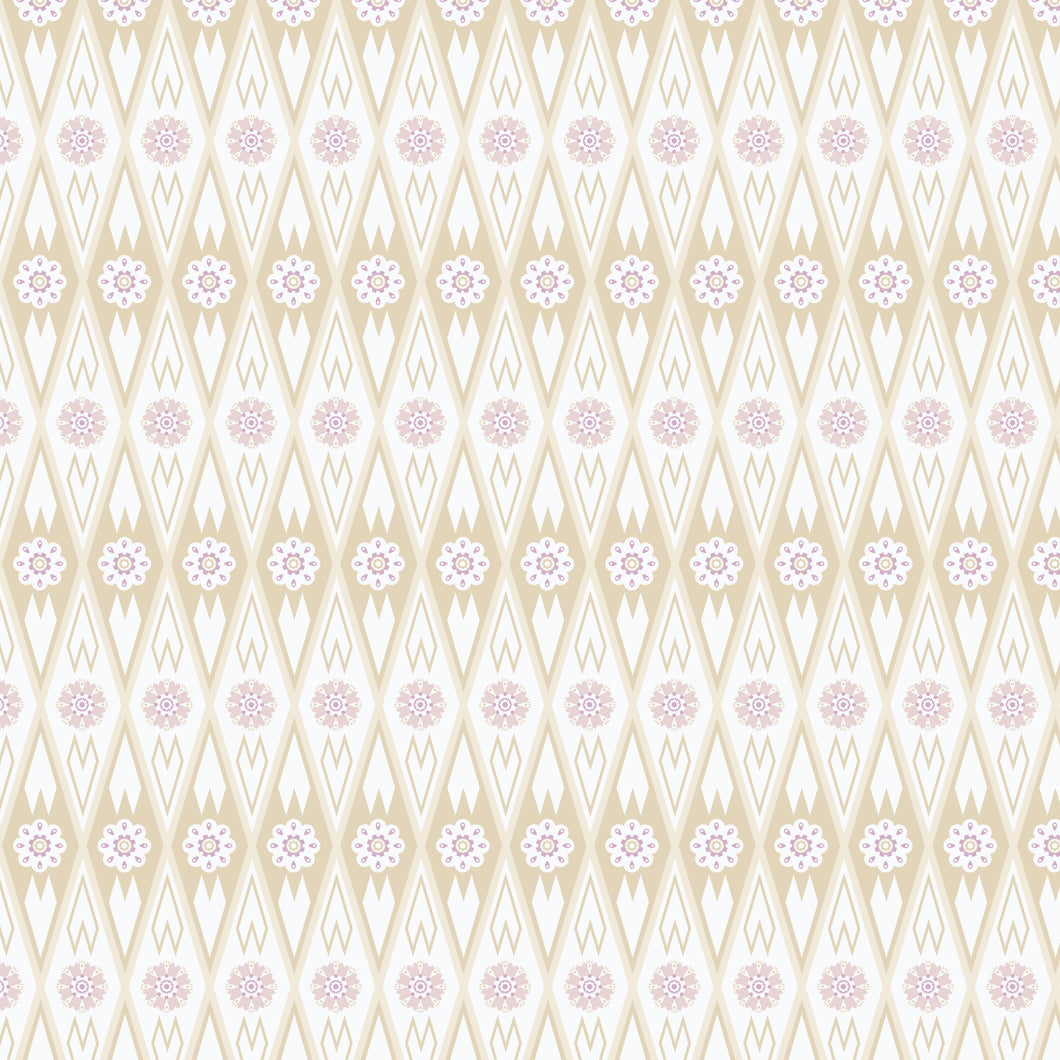 Patterned background with geometric diamond shapes and floral elements on a beige and white background. From the Bohemian Spirit Collection by Dots & Glory for Cloud9 Fabrics sold at globalfibershop.com.