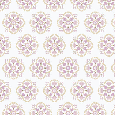 Pattern of pink floral designs on a white background. From the Bohemian Spirit Collection by Dots & Glory for Cloud9 Fabrics sold at globalfibershop.com.