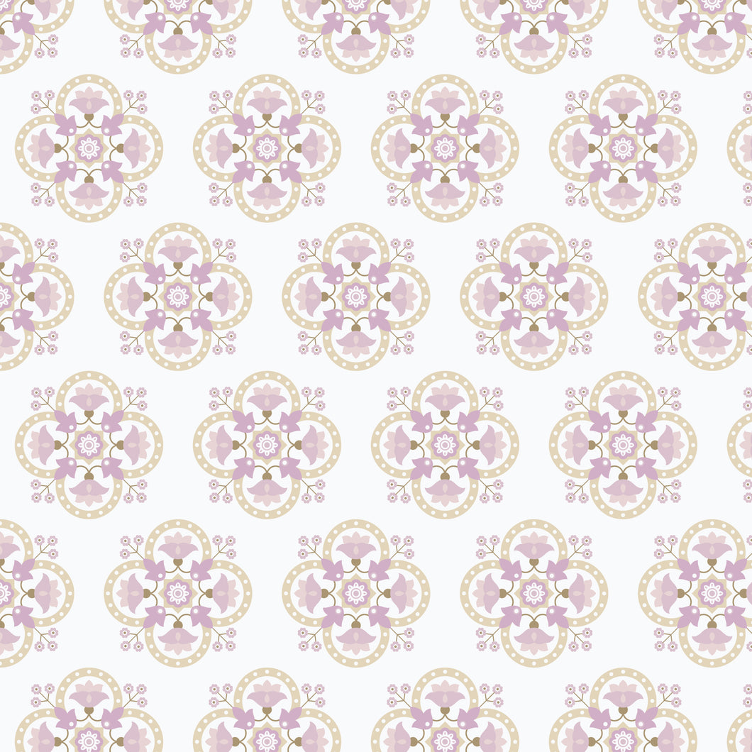 Pattern of pink floral designs on a white background. From the Bohemian Spirit Collection by Dots & Glory for Cloud9 Fabrics sold at globalfibershop.com.