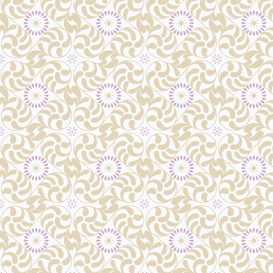 Patterned background with beige and purple swirls. From the Bohemian Spirit Collection by Dots & Glory for Cloud9 Fabrics sold at globalfibershop.com.