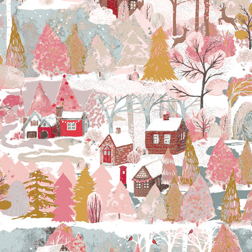Winter scene with houses, trees, and deer in a snowy landscape. Adventale for Art Gallery Fabrics available at globalfibershop.com.