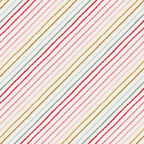 Pattern of colorful diagonal stripes on a light background. Adventale for Art Gallery Fabrics available at globalfibershop.com.
