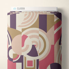 Load image into Gallery viewer, Geometric pattern with circles and squares in pink, purple, and gold on a beige background. Frank Lloyd Wright for Cloud9 Fabrics available at globalfibershiop.com.
