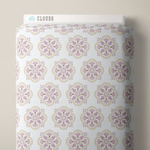 Load image into Gallery viewer, Pattern of pink floral designs on a white background. From the Bohemian Spirit Collection by Dots &amp; Glory for Cloud9 Fabrics sold at globalfibershop.com.

