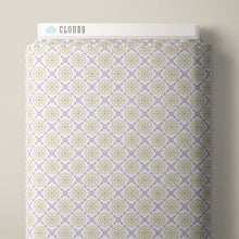 Load image into Gallery viewer, Pattern of beige flowers on a light purple background. From the Bohemian Spirit Collection by Dots &amp; Glory for Cloud9 Fabrics sold at globalfibershop.com.
