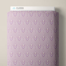 Load image into Gallery viewer, Pattern of teardrop shapes on a light purple background. Patterned background with geometric design in lavender and white. From the Bohemian Spirit Collection by Dots &amp; Glory for Cloud9 Fabrics sold at globalfibershop.com.

