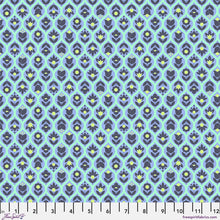 Load image into Gallery viewer, Floral patterned fabric with blue and green design on a light blue background
