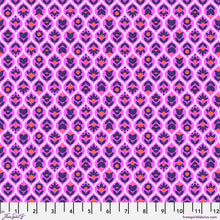 Load image into Gallery viewer, Floral patterned fabric with purple and pink design on a lavendar background
