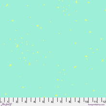 Load image into Gallery viewer, Pattern of small yellow stars on a light blue background with a fabric measurement scale at the bottom.
