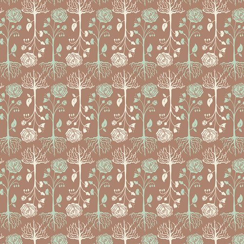 Pattern of flowers and roots on a brown background. 