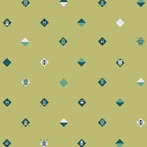 Geometric pattern with diamond shaped bugs on a green background