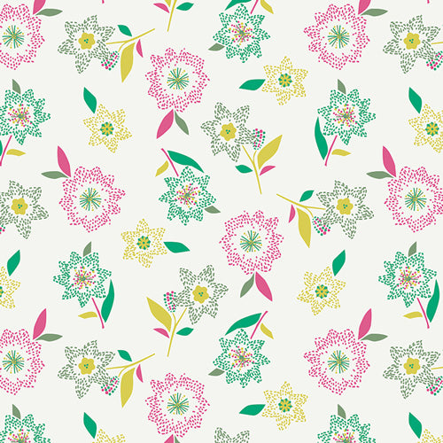 abstract pink and green floral print on cream background