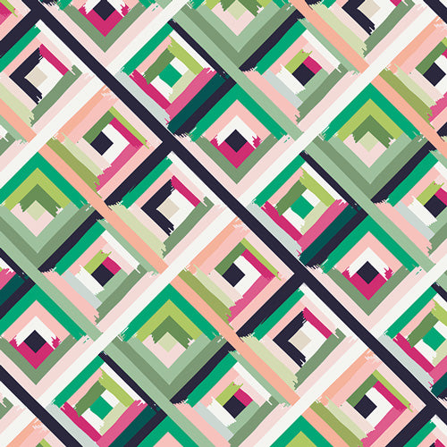 Abstract triangles in green, pink, black and white.