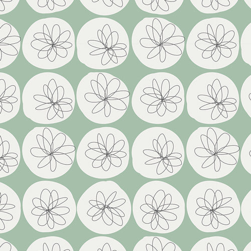 Abstract pencil sketch on a cream circle against a sage background.