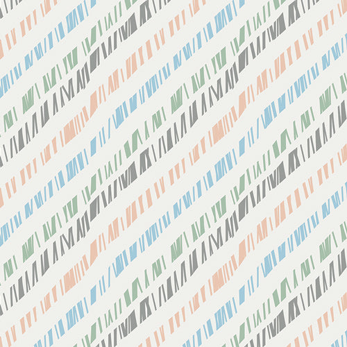 Diagonal sttipes of grey, green, blue and pink on a cream background.