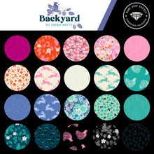 Load image into Gallery viewer, Backyard, brought to you by RSS designer Sarah Watts, features a vibrant color palette of blues and fuschia pinks and celebrates the flora, fauna and creatures found in our backyards. Available at globalfibershop.com.
