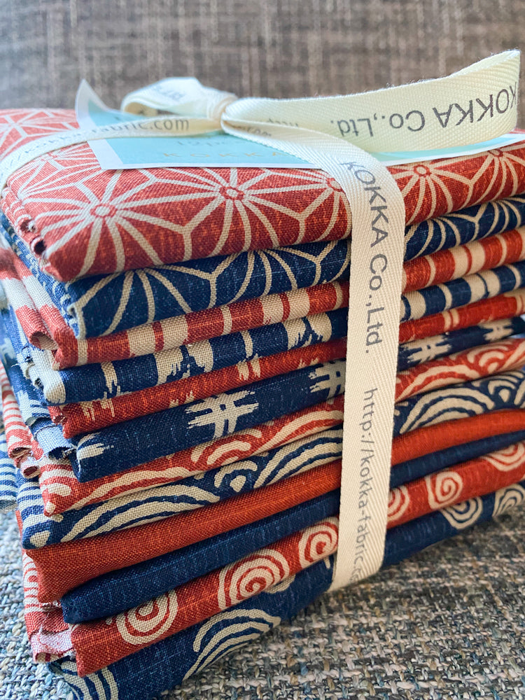 This bundle from Kokka contains fabric imported from Japan that features iconic design elements of Shibori prints and Sashiko quilting. With a weight comparable to light canvas or heavier linen, the fabric is well-suited for a range of applications including quilting, home goods, and apparel. Available at globalfibershop.com