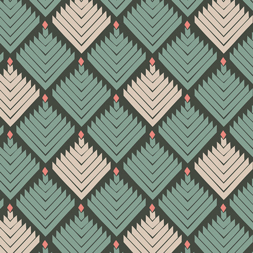 Geometric pattern with green and beige shapes on a dark background