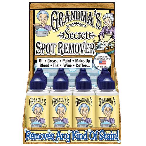 Display of Grandma's Secret Spot Remover with cartoon images of an elderly woman.