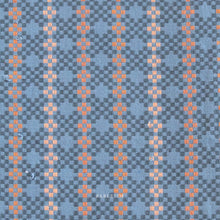 Load image into Gallery viewer, Woven fabric with a blue and orange pattern. Blue and orange woven fabric.  Embrace the charm of the rainbow with Fableism Supply Co’s ‘Lucky Loom’ fabric collection—a dazzling fusion of mixed weight wovens inspired by moments of serendipity. This collection’s palette radiates warmth and whimsy, featuring golden yellows, soft pinks, earthy greens, tranquil blues, and rich purples, each reminiscent of the colors in a lucky rainbow. Available at globalfibershop.com.
