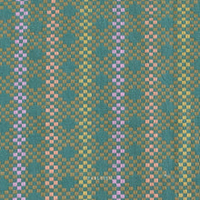 Load image into Gallery viewer, Woven fabric pattern with green, pink, and brown colors. Embrace the charm of the rainbow with Fableism Supply Co’s ‘Lucky Loom’ fabric collection—a dazzling fusion of mixed weight wovens inspired by moments of serendipity. This collection’s palette radiates warmth and whimsy, featuring golden yellows, soft pinks, earthy greens, tranquil blues, and rich purples, each reminiscent of the colors in a lucky rainbow. Available at globalfibershop.com.
