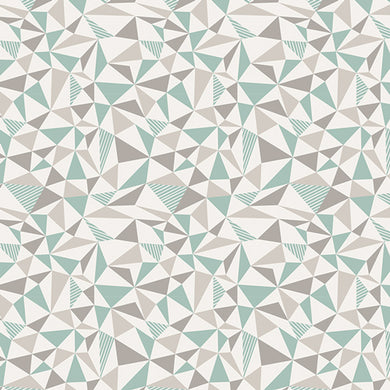 Abstract pattern of blue and greige triangles.