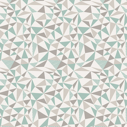 Abstract pattern of blue and greige triangles.
