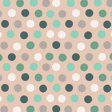 Large Polka Dots of green, white and grey on beige.