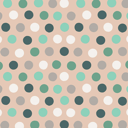 Large Polka Dots of green, white and grey on beige.