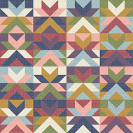Colorful geometric pattern with triangles and squares on a textured fabric background