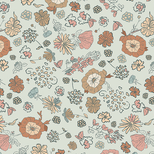 This nostalgic, modern vintage collection by Elizabeth Chappell features airy florals and timeless elements with tints of sweet pinks, creams, warm blues, and rustic reds. Available at globalfibershop.com.