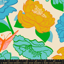 Load image into Gallery viewer, Flowerland, brought to you by Ruby Star Society, designer Melody Miller, features a vibrant color palette blue, green, pink and gold - and her signature floral and butterfly prints. Available at globalfibershop.com.

