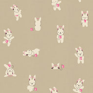Pattern of bunnies with headphones on a yellow background. From Lofi Ruby Star Society at globalfibershop.com.