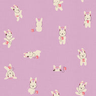 Pattern of bunnies with headphones on a yellow background. From Lofi Ruby Star Society at globalfibershop.com.
