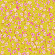 Floral pattern with pink flowers and leaves on a citron background