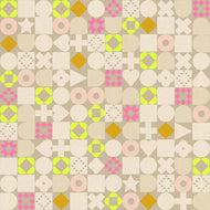 Patterned background with geometric shapes in various colors on a beige background